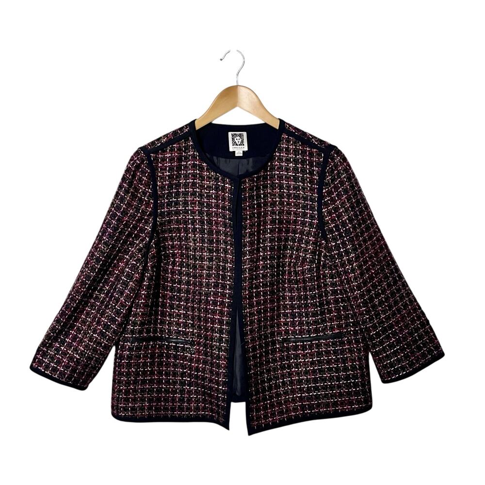 Anne Klein Woven Blazer Jacket 12 Black Wine Open Front Career Holidays Party